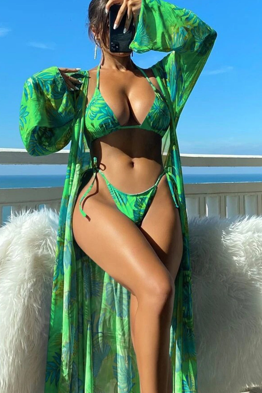 Leaves Print Y2K Aesthetic Bikini and Cover-Up Swimsuit Set for Trendy Summer Vibes