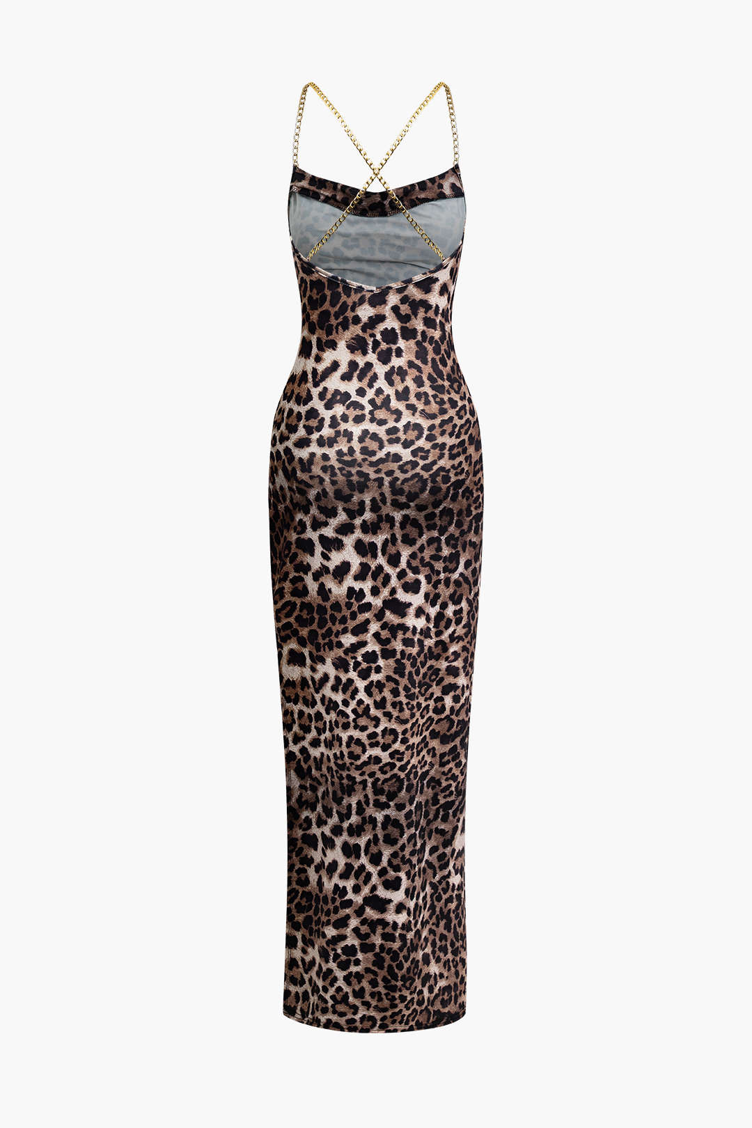 Leopard Print Backless Cowl Neck Maxi Dress with Cross Chain and Slit for Y2K Aesthetic