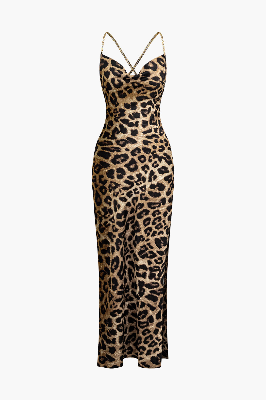 Leopard Print Cowl Neck Maxi Dress with Cross Chain and Slit - Y2K Aesthetic Fashion