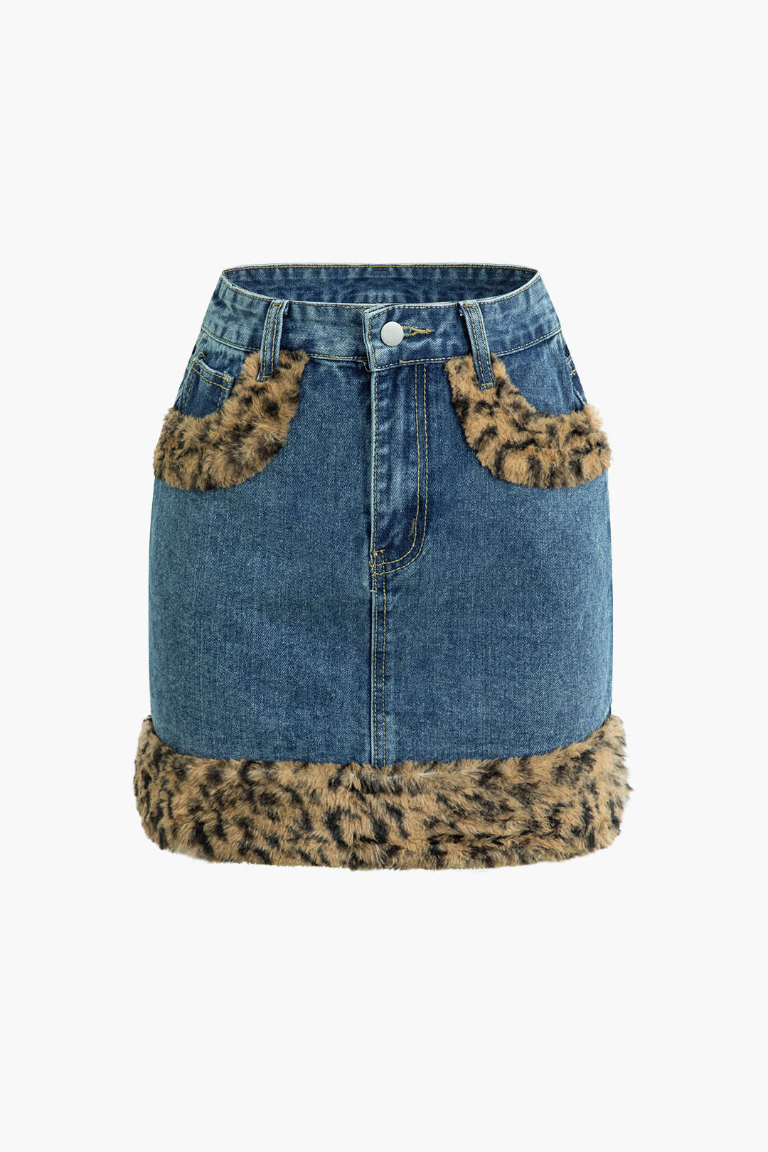 Leopard Print Faux Fur Trim Denim Mini Skirt - Y2K Aesthetic Fashion Statement