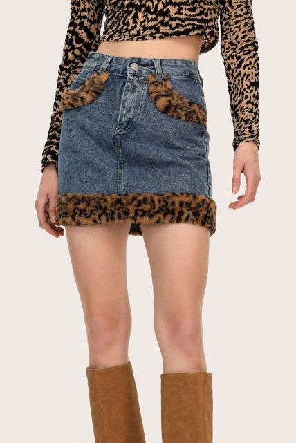 Leopard Print Faux Fur Trim Denim Mini Skirt - Y2K Aesthetic Fashion Statement