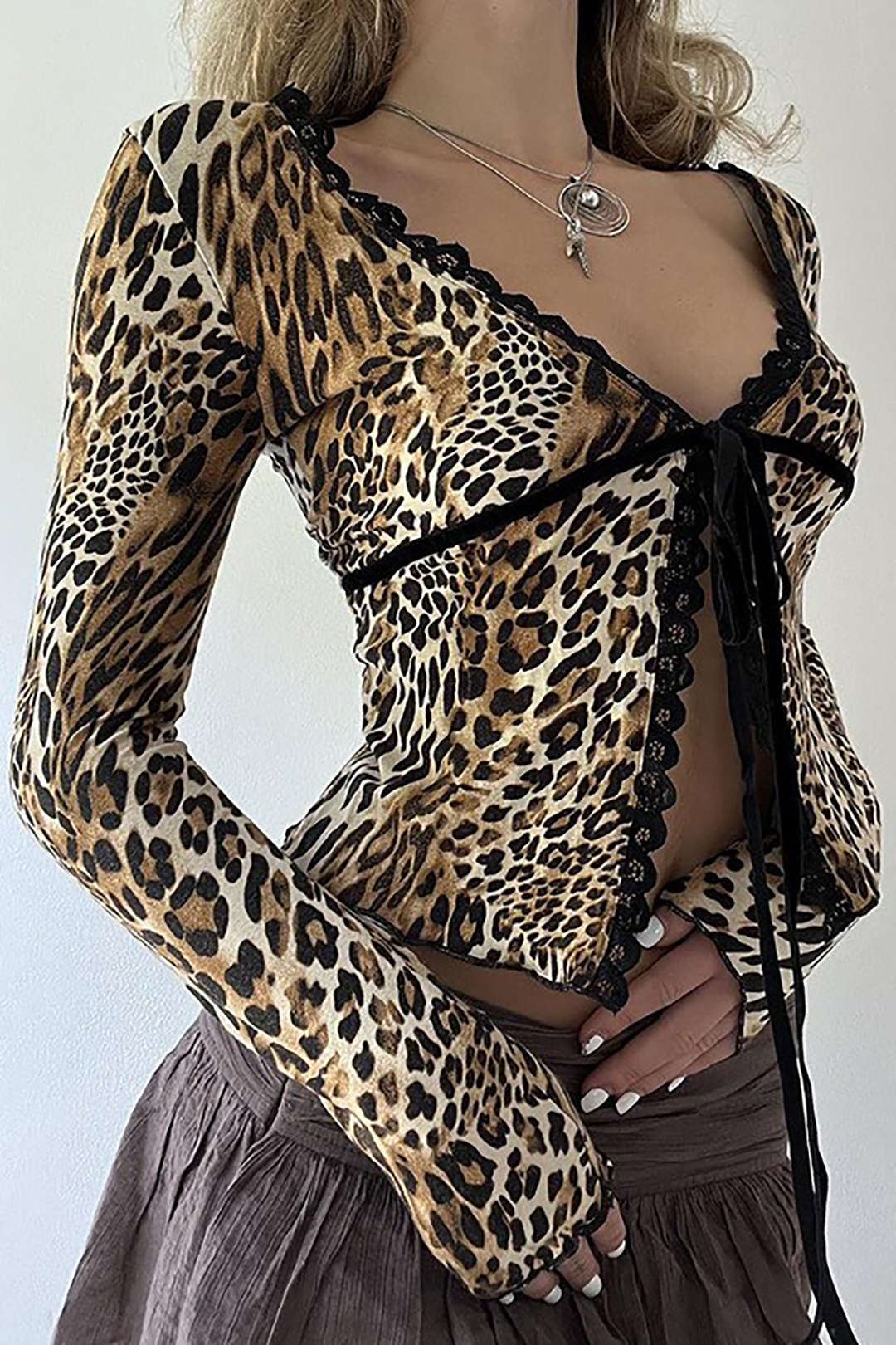 Leopard Print V-Neck Tie Top - Y2K Fashion Statement for Aesthetic Outfits