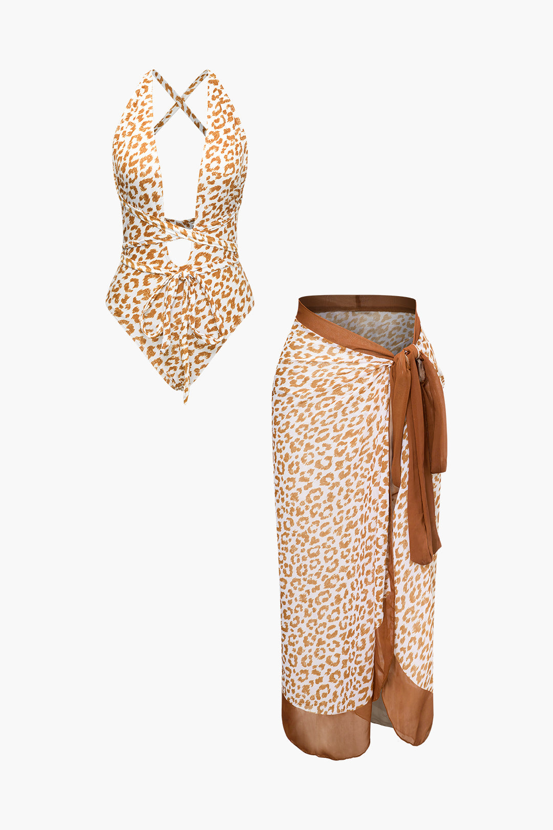 Leopard Print Wrap Tie Swimsuit with Knot Side Cover-Up Skirt Set for Y2K Aesthetic