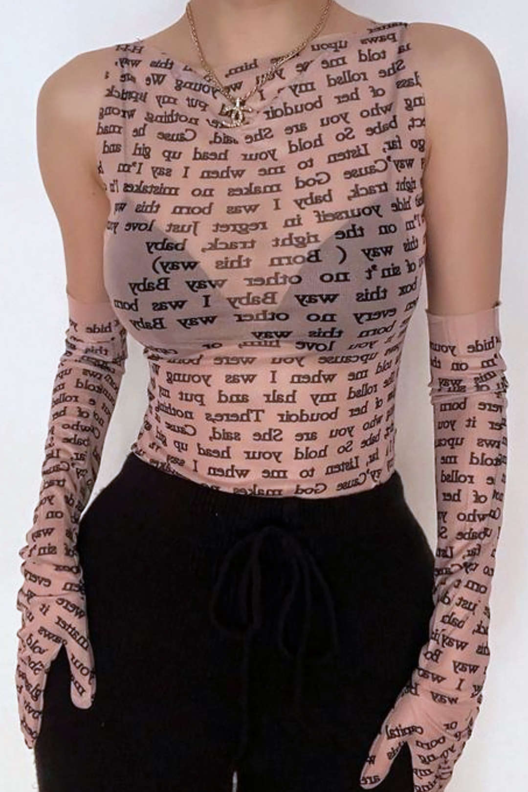 Letter Print Boat Neck Mesh Tank Top with Sleeves - Y2K Aesthetic Cute Top for Stylish Outfits