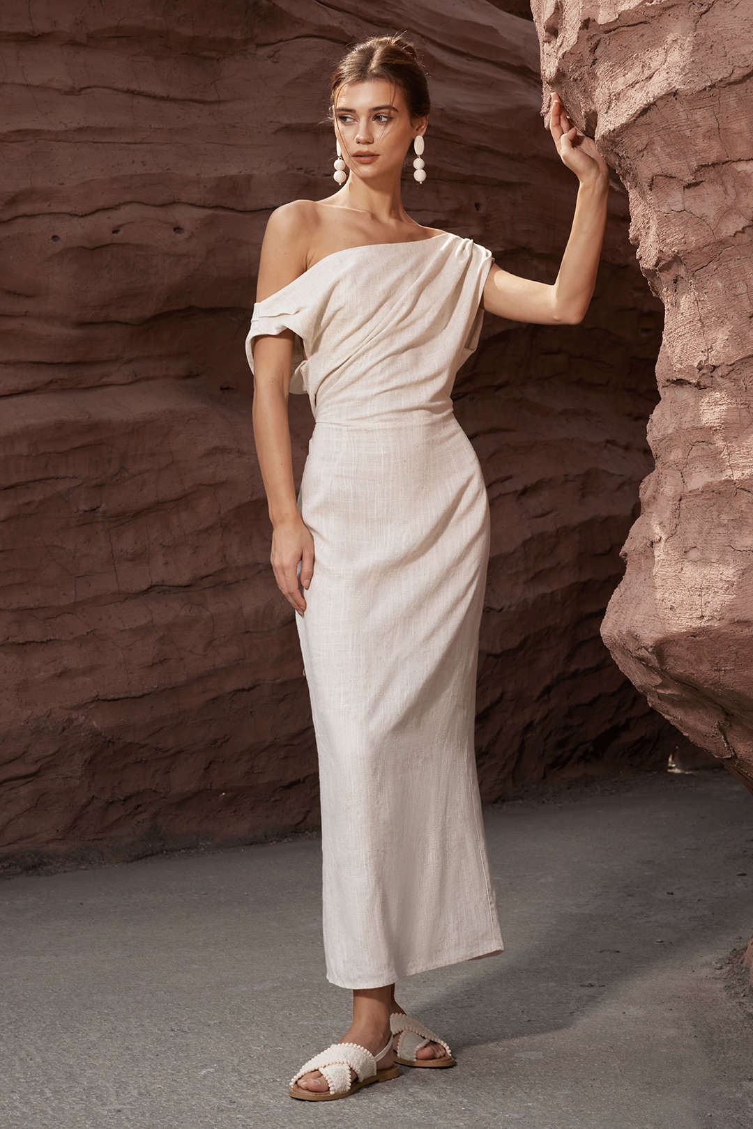 Linen Ruched Slit Midi Dress - Y2K Aesthetic Chic for Effortless Style and Comfort