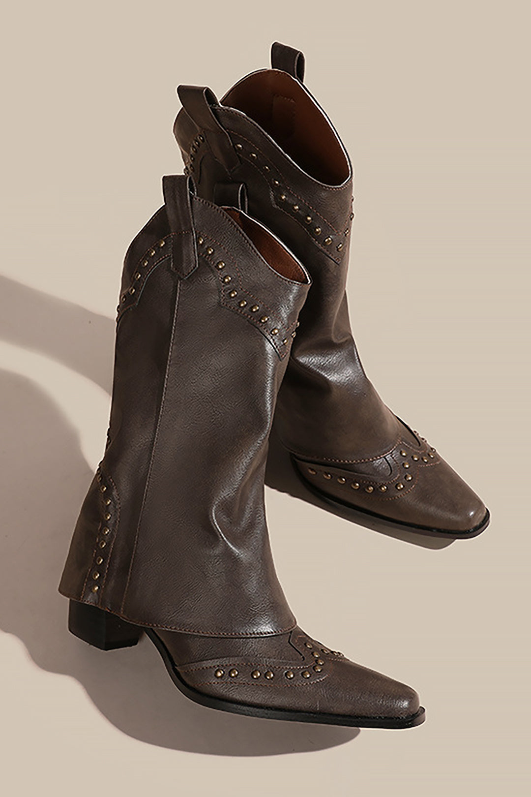 Metal Studded Foldover Chunky Heeled Cowboy Boots for Y2K and Grunge Aesthetic Outfits