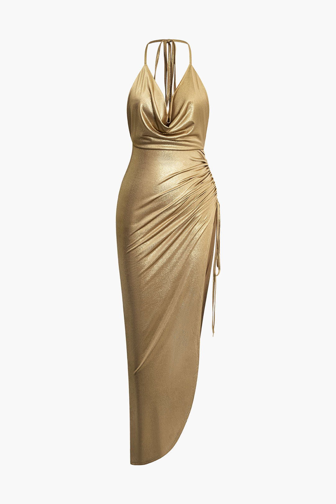 Metallic Asymmetrical Ruched Halter Midi Dress for Y2K Fashion and Coquette Aesthetic