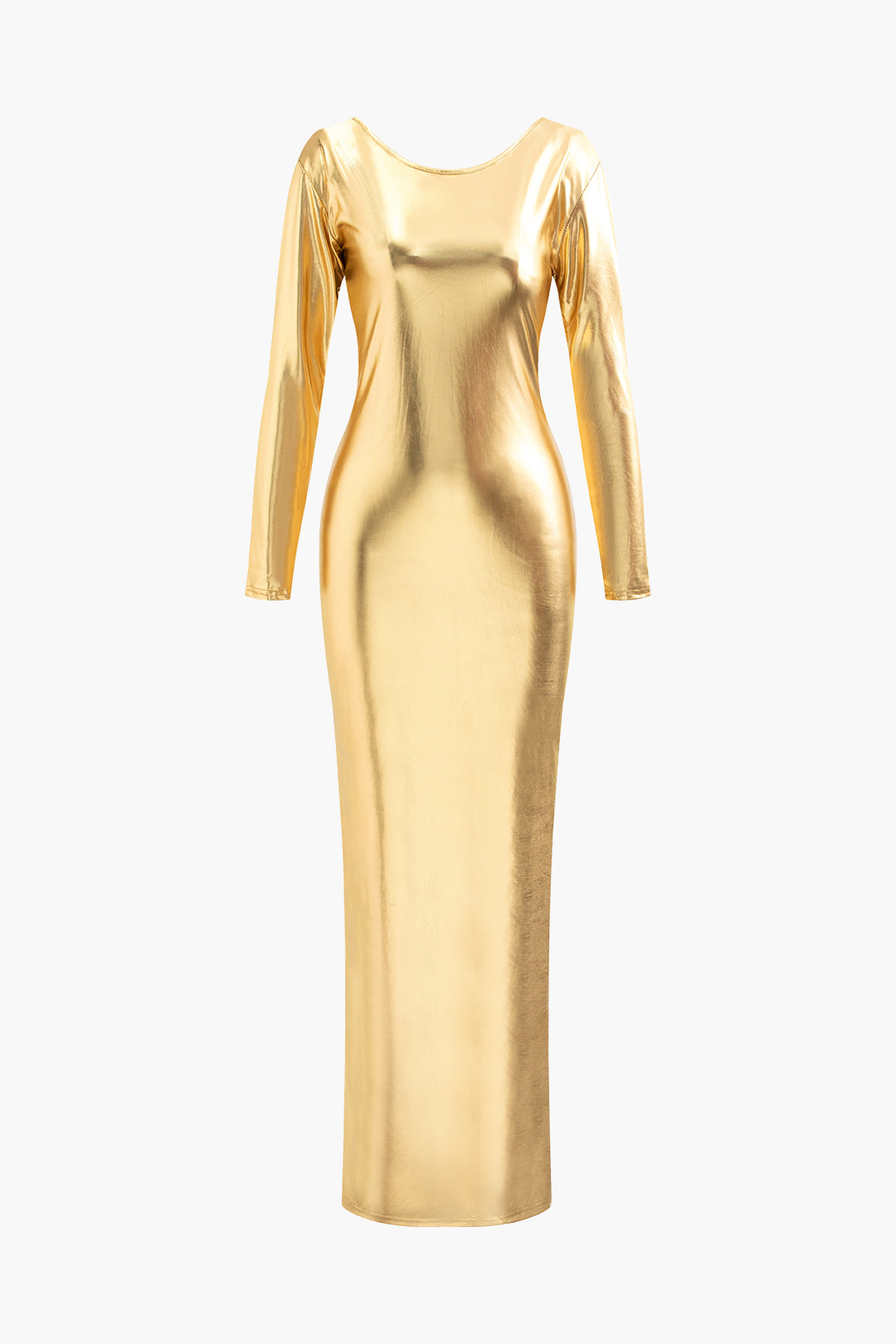 Metallic Backless Ruched Slit Long Sleeve Maxi Dress for Y2K Aesthetic Nights