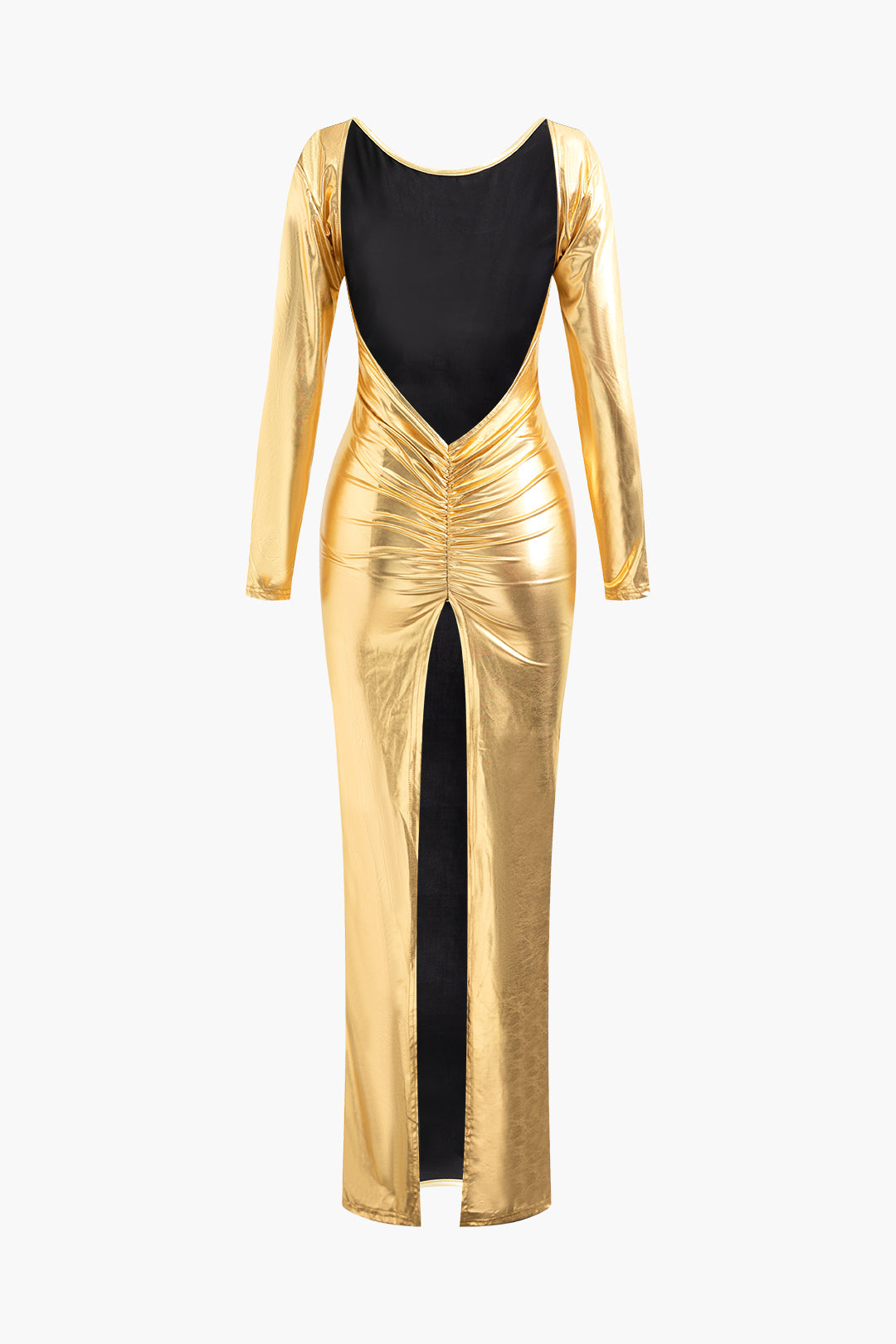 Metallic Backless Ruched Slit Long Sleeve Maxi Dress for Y2K Aesthetic Nights