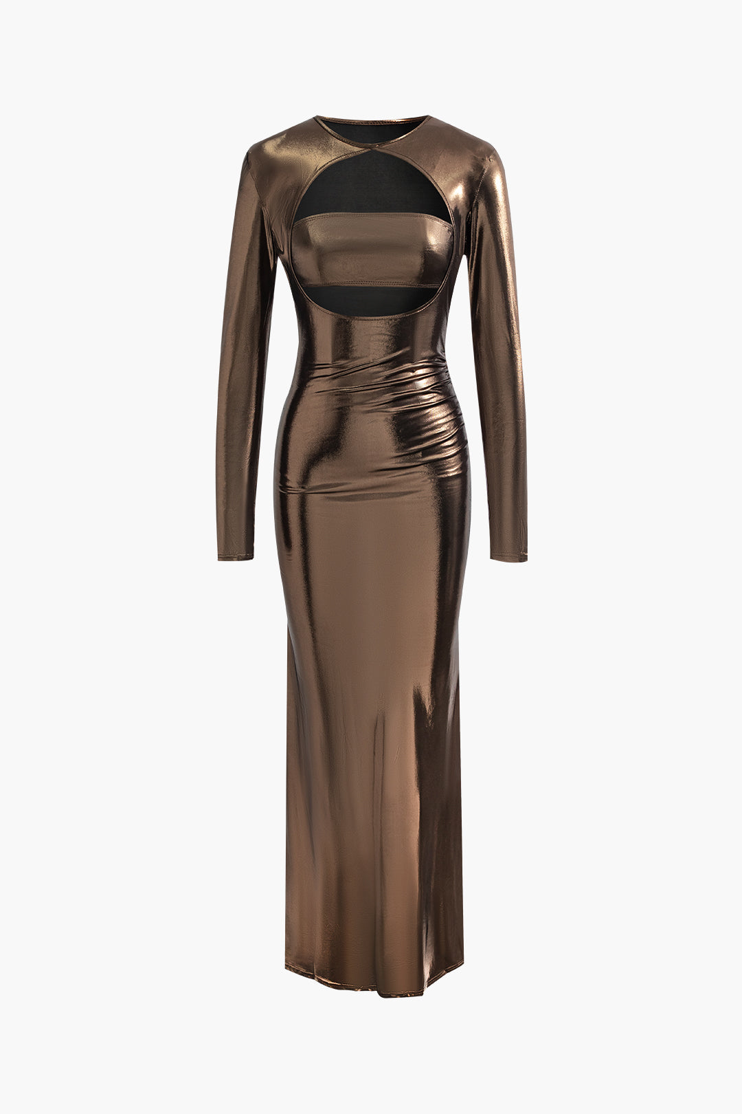 Metallic Cut Out Ruched Long Sleeve Maxi Dress for Y2K Aesthetic and Coquette Style