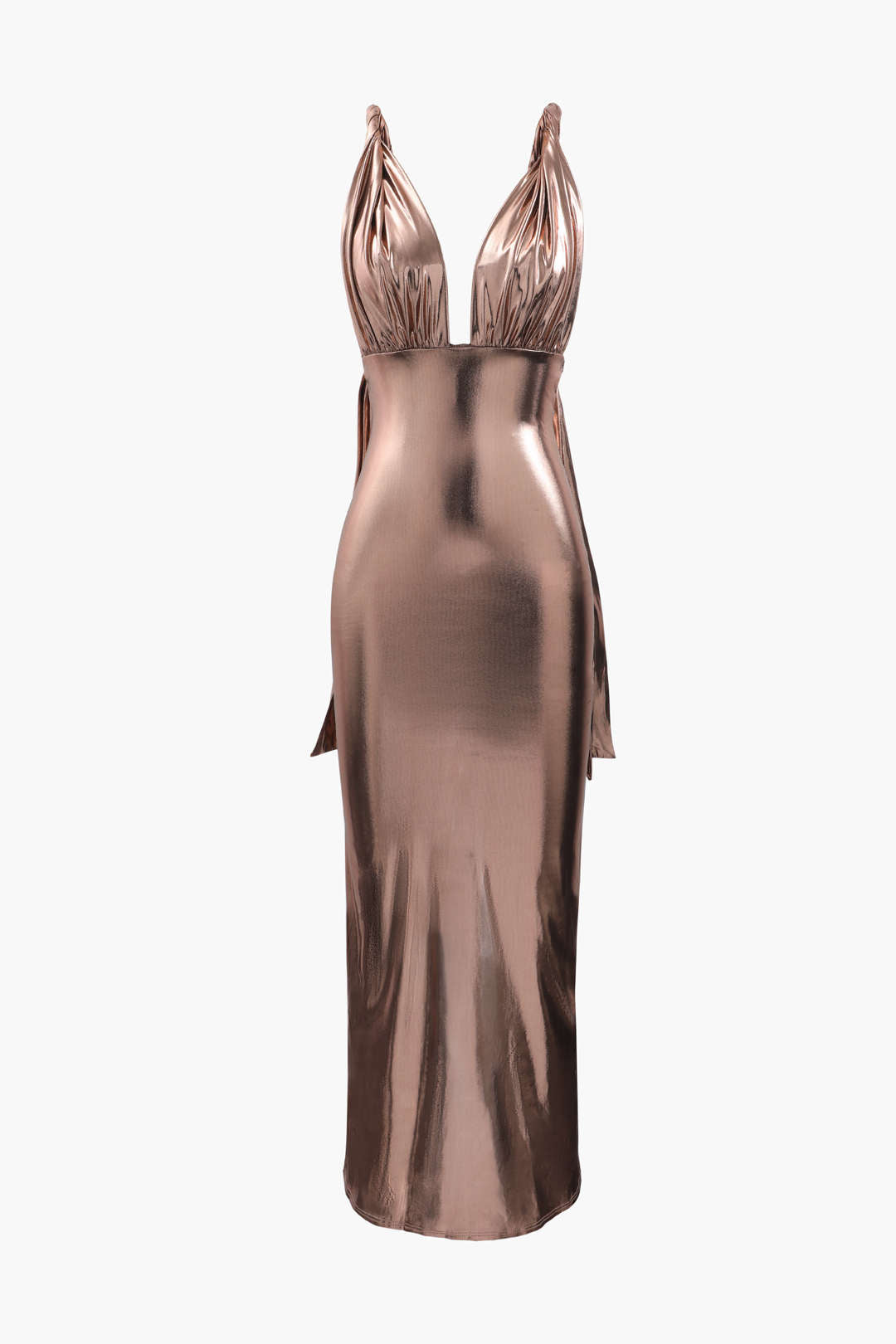 Metallic Deep V Neck Backless Slit Maxi Dress for Y2K Fashion and Coquette Aesthetic