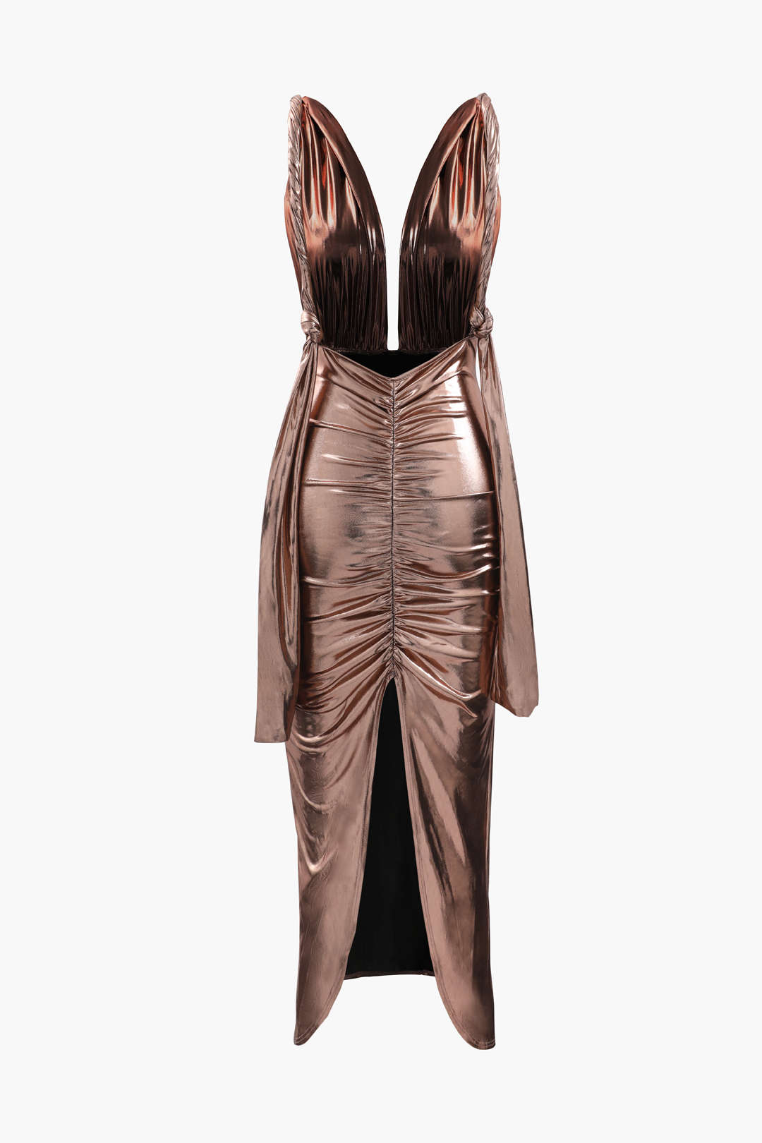 Metallic Deep V Neck Backless Slit Maxi Dress for Y2K Fashion and Coquette Aesthetic