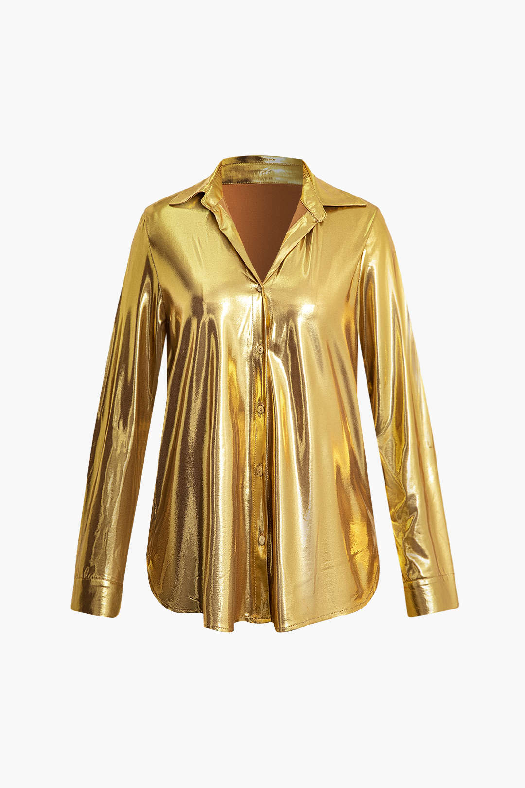 Metallic Effect Y2K Button Down Long Sleeve Shirt for Trendy Aesthetic Outfits