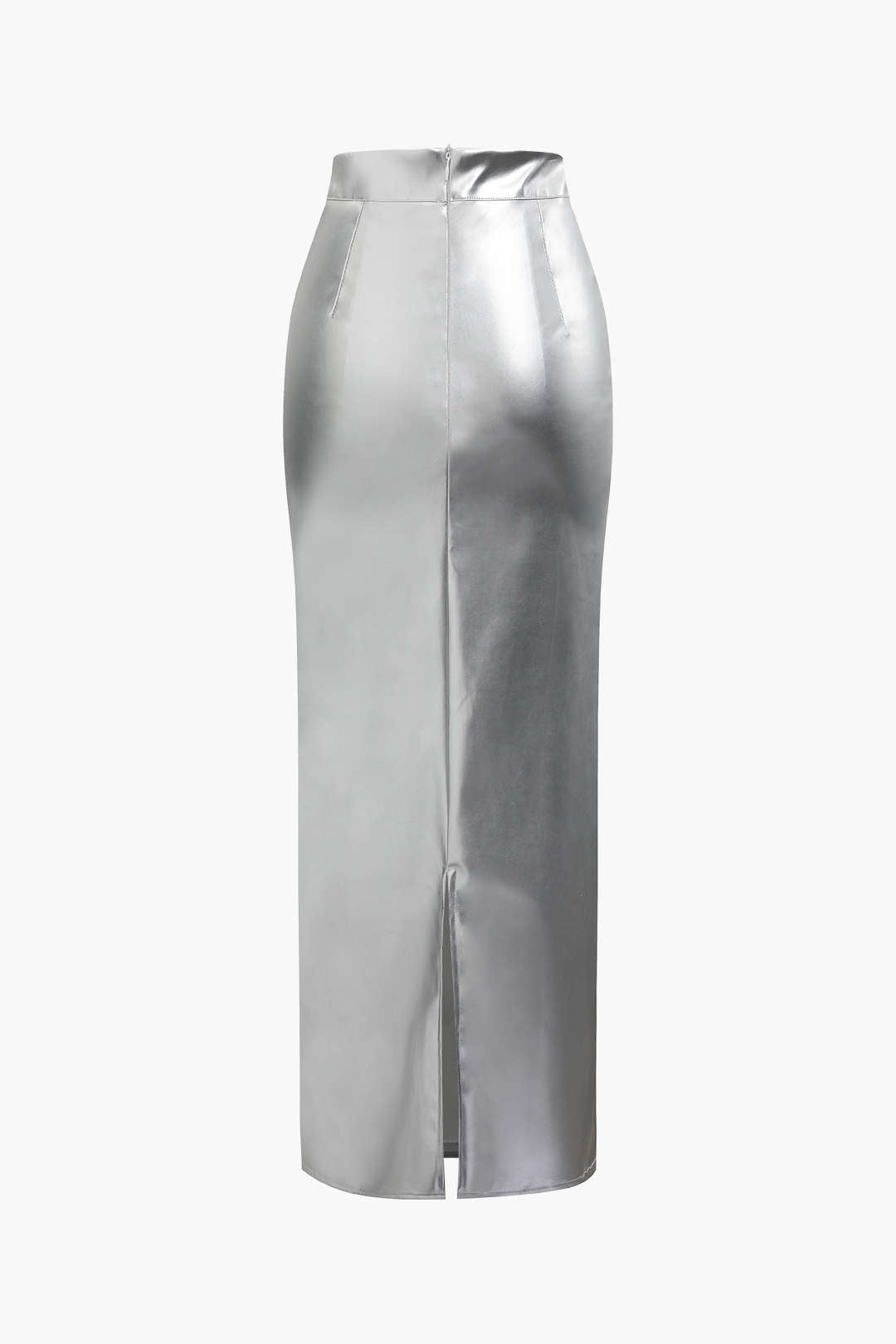 Metallic Faux Leather Slit Maxi Skirt for Y2K Fashion and Grunge Aesthetic Outfits