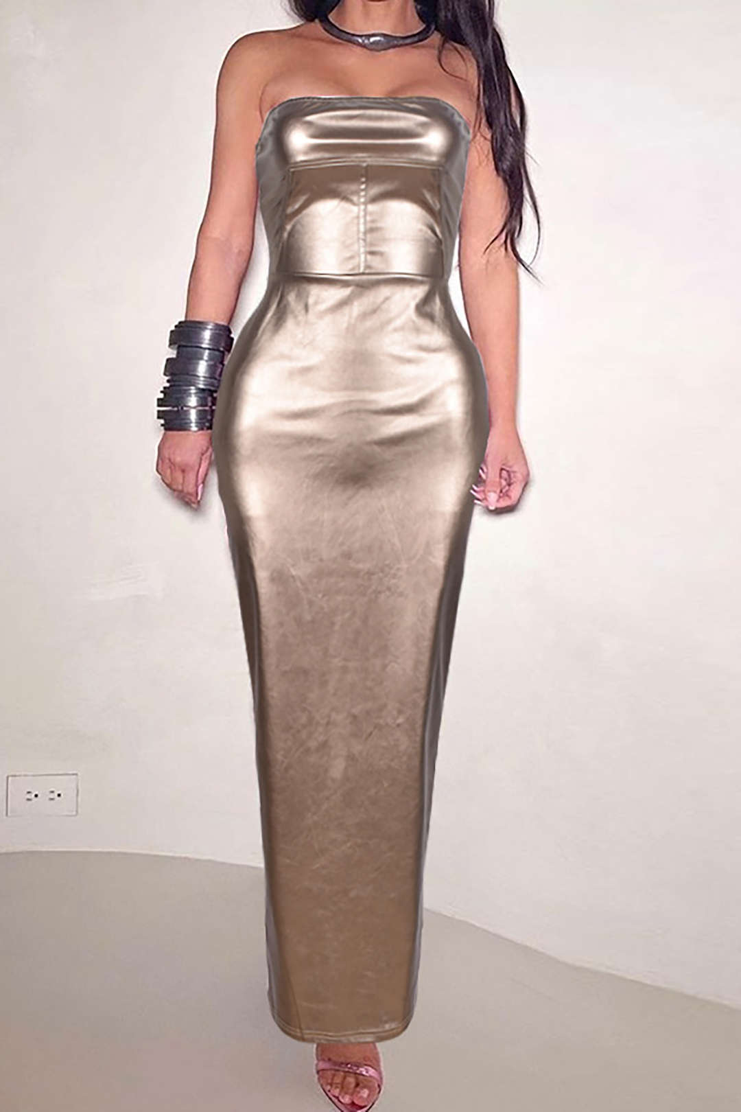 Metallic Faux Leather Strapless Maxi Dress for Y2K Aesthetic and Coquette Style