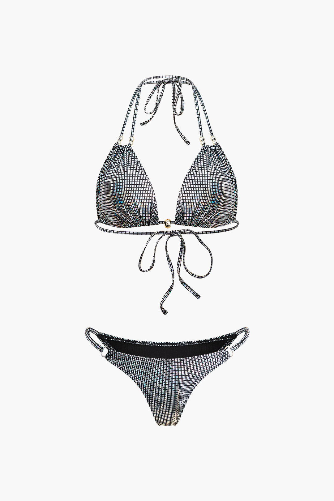 Metallic Grid Back Tie Halter Bikini Set for Y2K Aesthetic Beach Vibes and Summer Fun