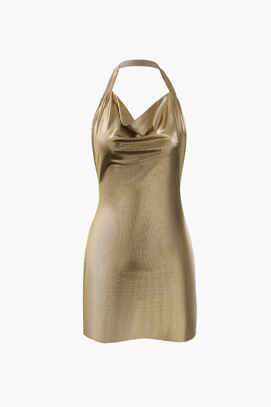 Metallic Halter Cowl Neck Backless Mini Dress for Y2K Aesthetic and Coquette Style