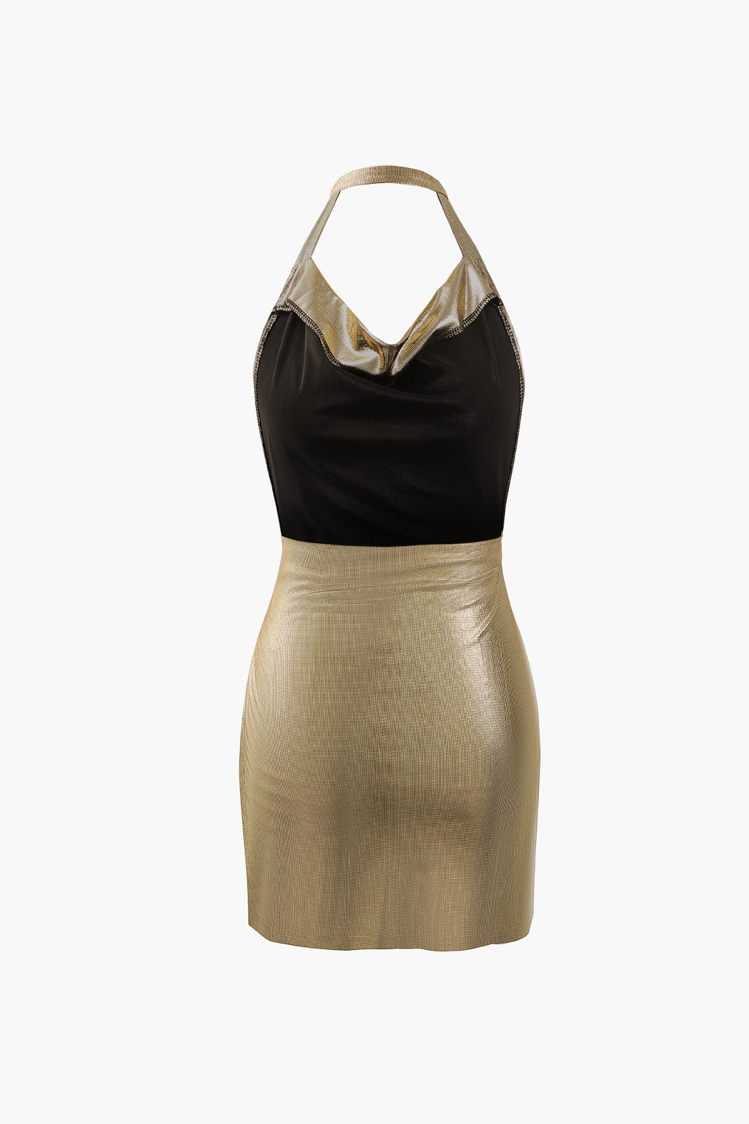 Metallic Halter Cowl Neck Backless Mini Dress for Y2K Aesthetic and Coquette Style