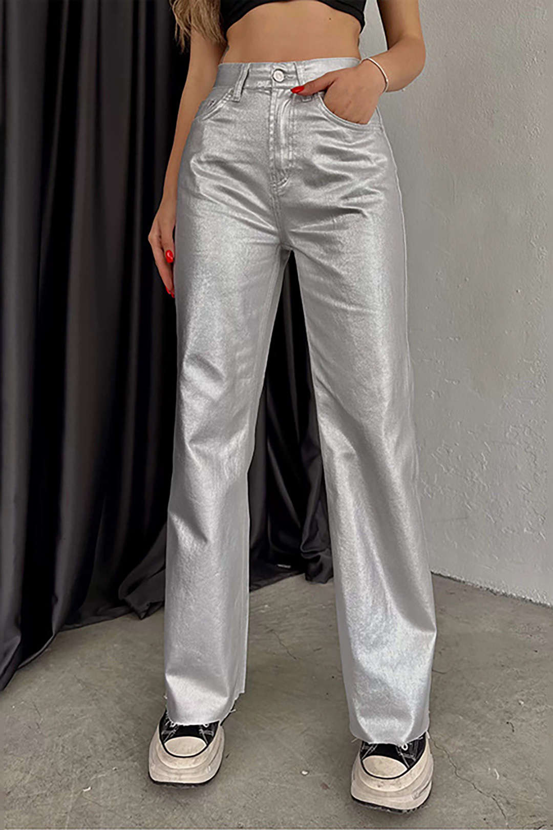 Metallic Pocket Skinny Leg Pants for Y2K Aesthetic and Grunge Style Outfits