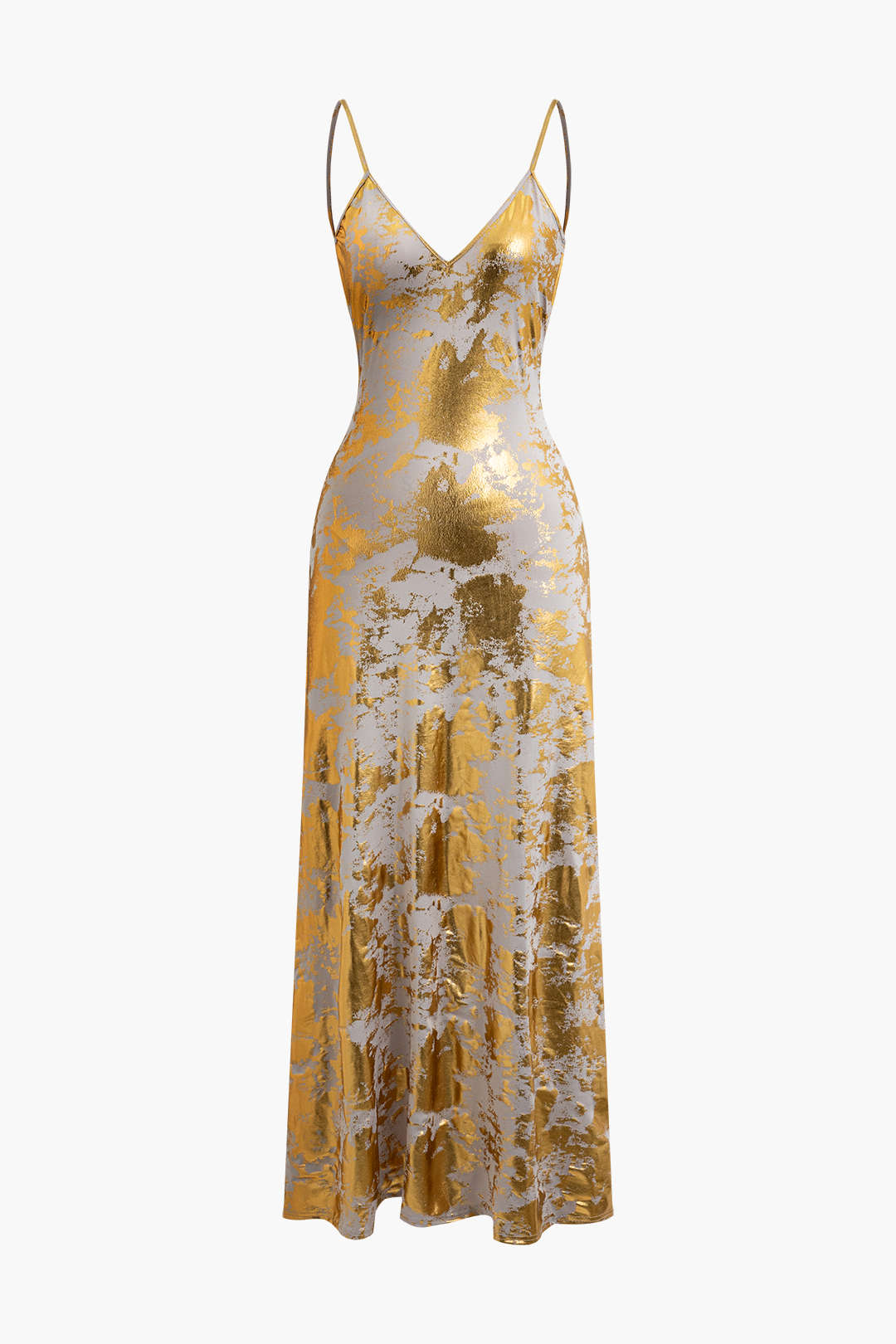 Metallic Print V-neck Backless Slip Maxi Dress for Y2K Aesthetic and Coquette Style