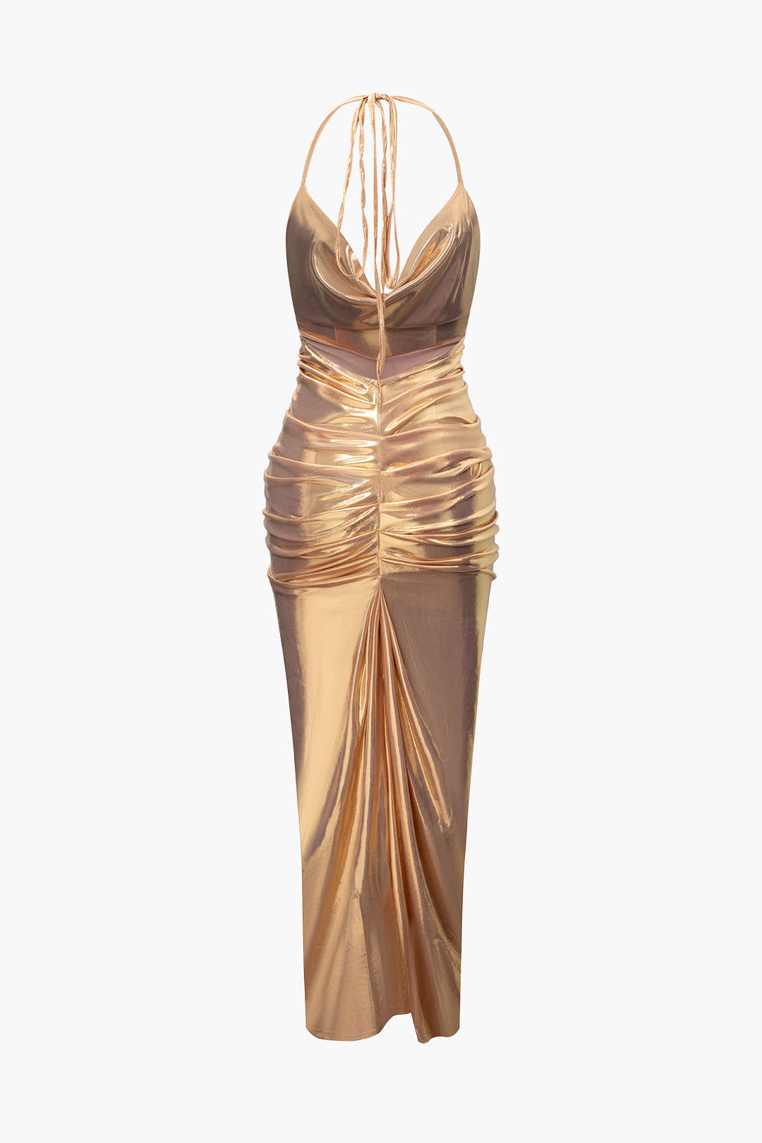 Metallic Ruched Halter Maxi Dress - Y2K Aesthetic Evening Gown for Chic Coquette Style