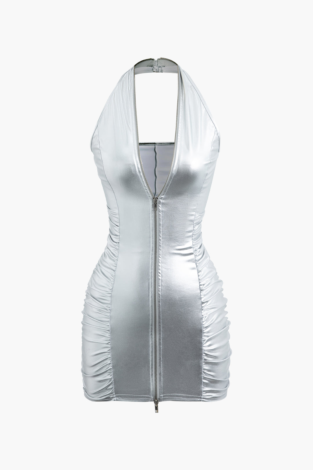 Metallic Ruched Mini Dress with Halter Neck and Zip Up Detail for Y2K Aesthetic