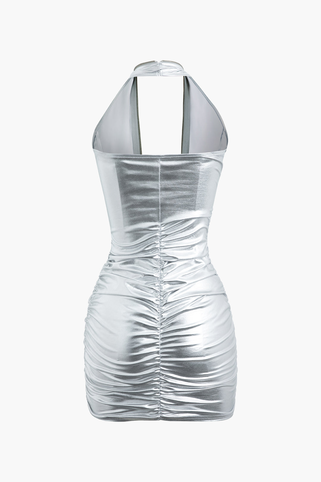 Metallic Ruched Mini Dress with Halter Neck and Zip Up Detail for Y2K Aesthetic