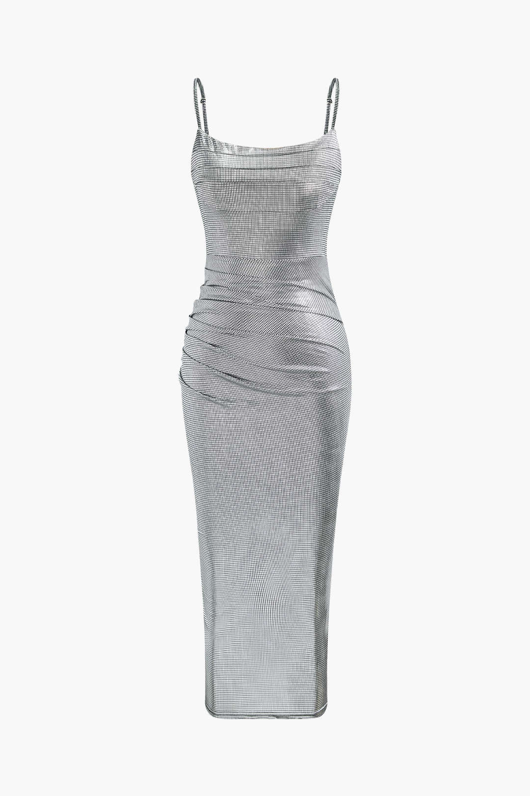 Metallic Ruched Slit Maxi Dress for Y2K Aesthetic Nights and Glamorous Events