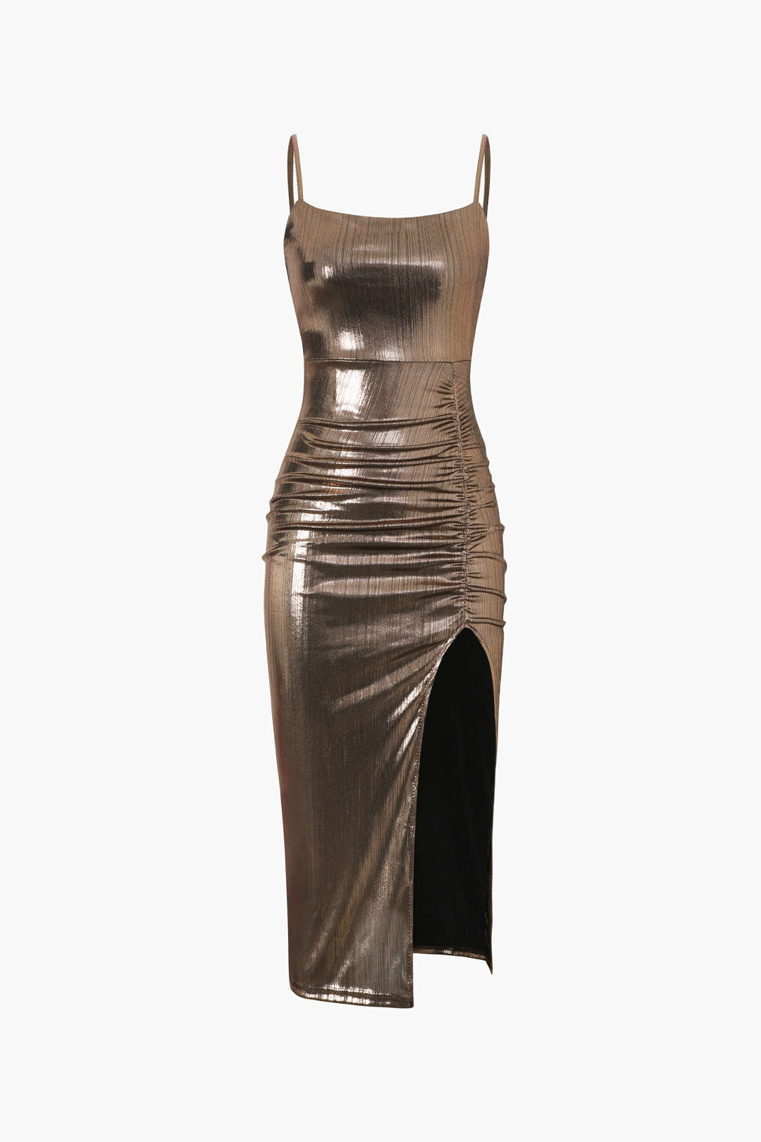 Metallic Ruched Slit Midi Dress for Y2K Aesthetic Nights and Chic Coquette Style