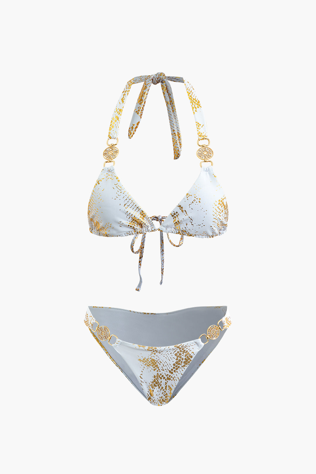 Metallic Stamping Back Tie Halter Bikini Set - Y2K Aesthetic Swimwear for Trendy Summer Vibes