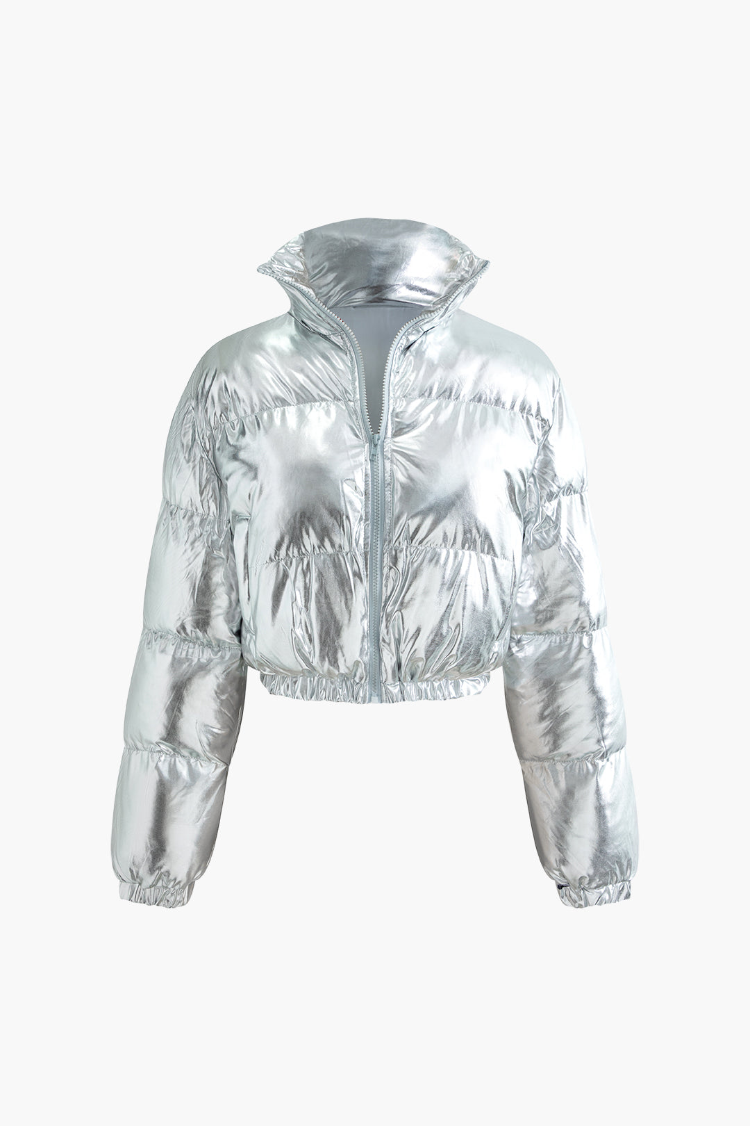 Metallic Stand Collar Zipper Crop Puffer Jacket for Y2K Fashion and Aesthetic Outfits