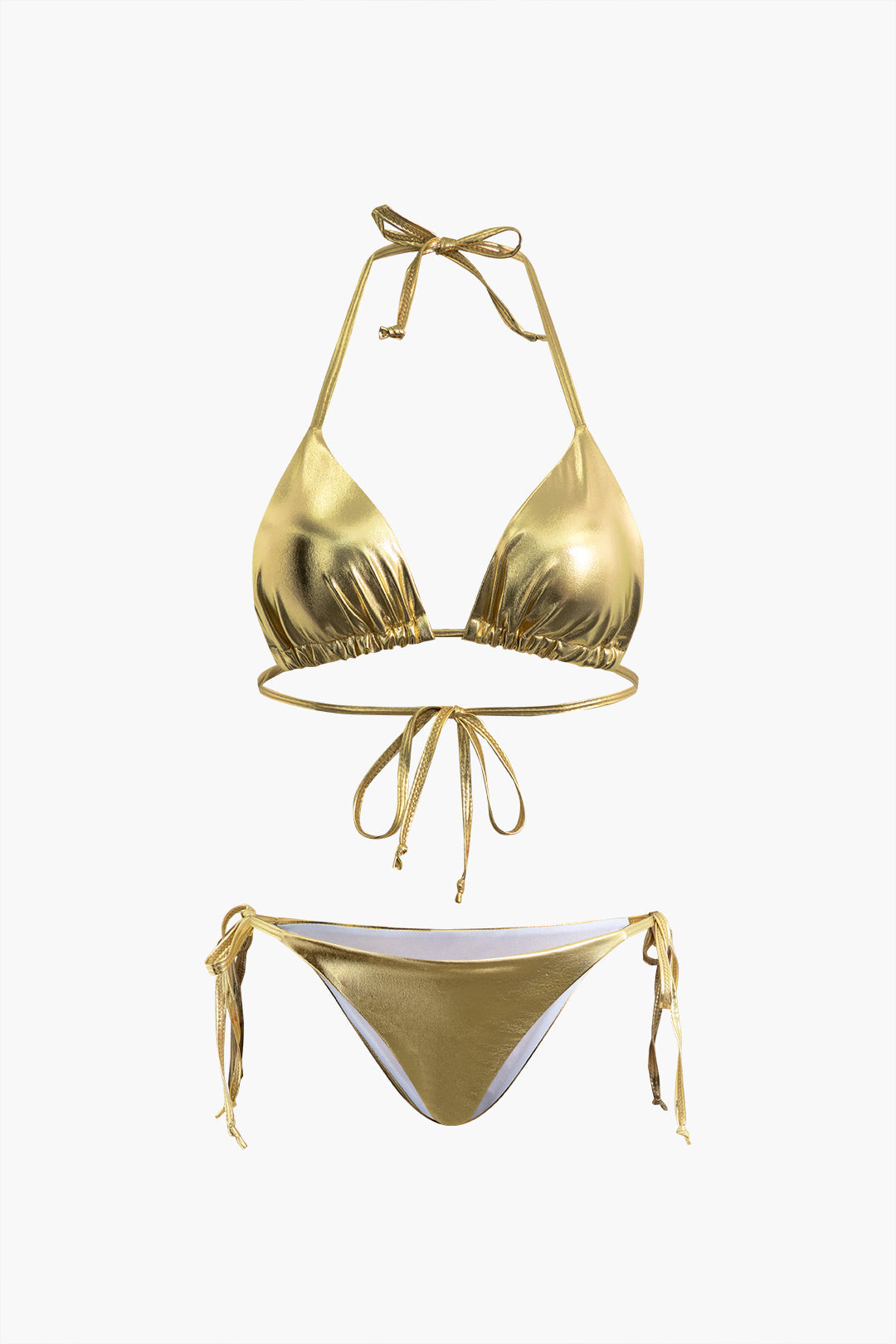 Metallic Tie Halter Bikini Set for Y2K Aesthetic Beach Vibes and Summer Style