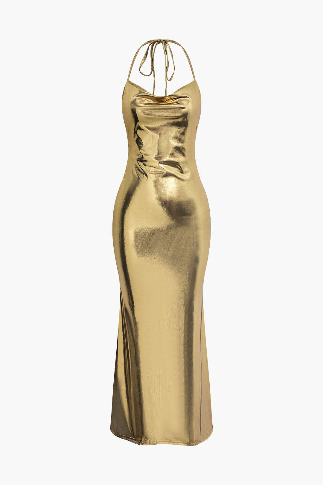 Metallic Tie Halter Cowl Neck Backless Maxi Dress for Y2K Fashion and Coquette Aesthetic