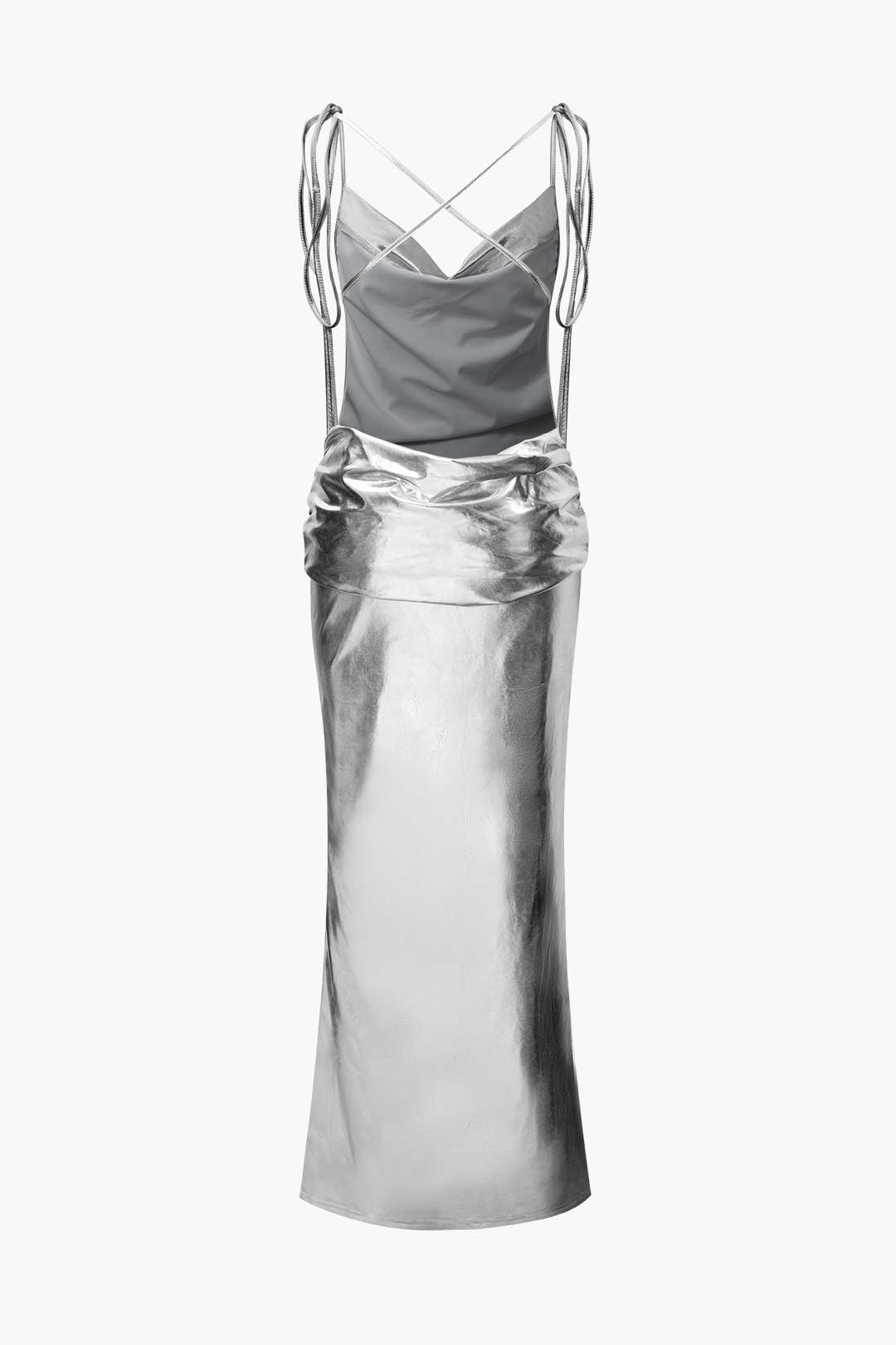 Metallic Tie Strap Ruched Maxi Dress for Y2K Fashion Lovers and Coquette Aesthetic Enthusiasts