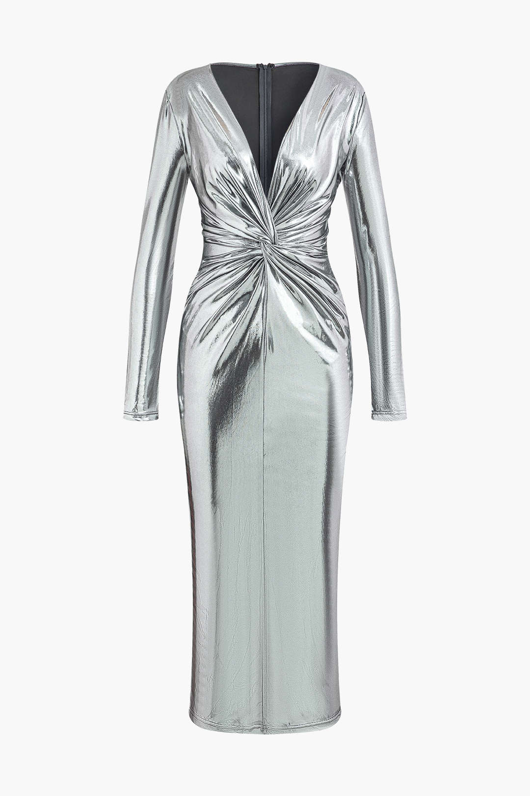 Metallic Twist Ruched V-Neck Zipper Long Sleeve Midi Dress for Y2K Aesthetic Fashion