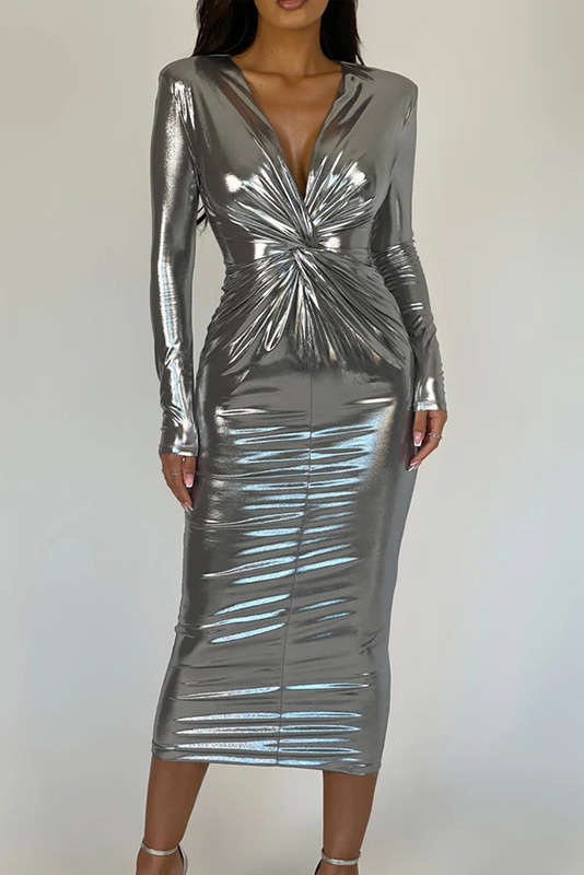 Metallic Twist Ruched V-Neck Zipper Long Sleeve Midi Dress for Y2K Aesthetic Fashion