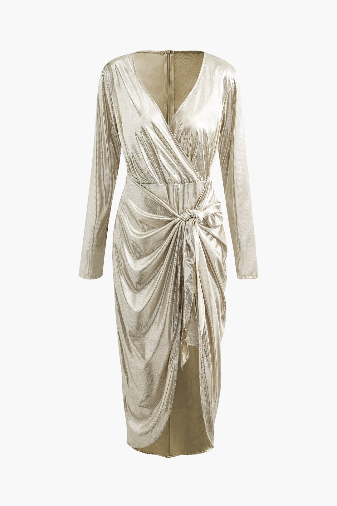 Metallic V-Neck Ruched Midi Dress with Knot Detail - Y2K Fashion Statement Piece