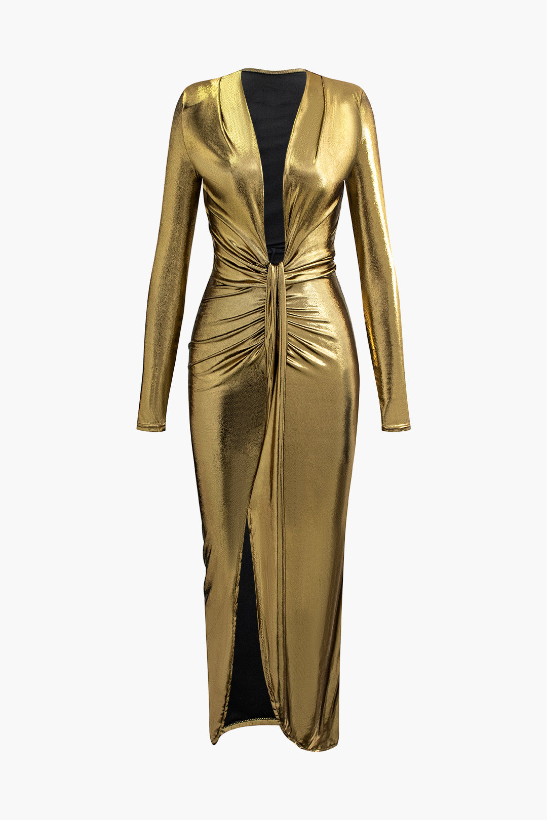 Metallic V-Neck Ruched Slit Wrap Maxi Dress for Y2K Fashion and Coquette Aesthetic Looks