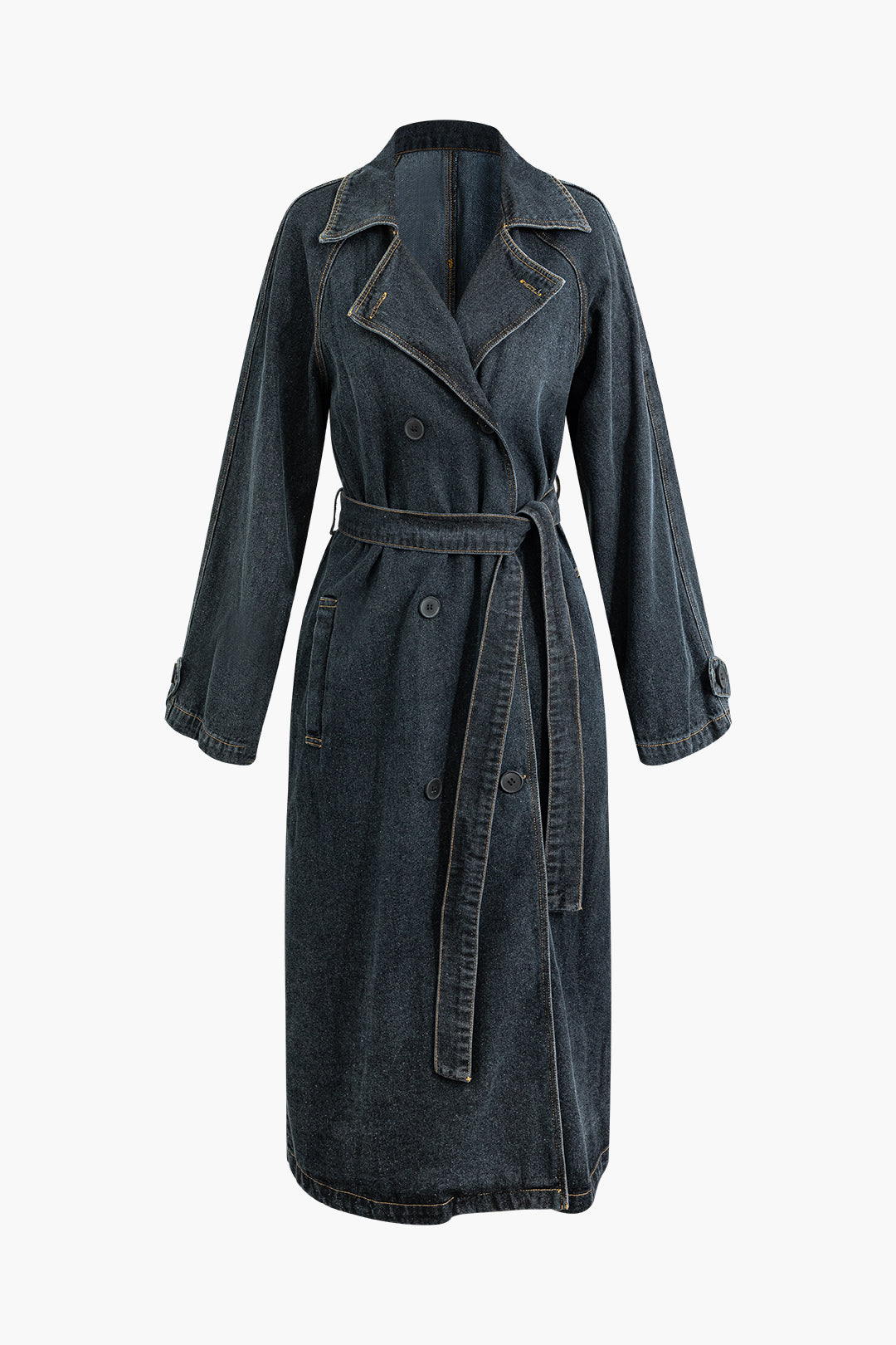 Notched Lapel Belted Denim Long Coat - Y2K Aesthetic Outerwear for Trendy Outfits