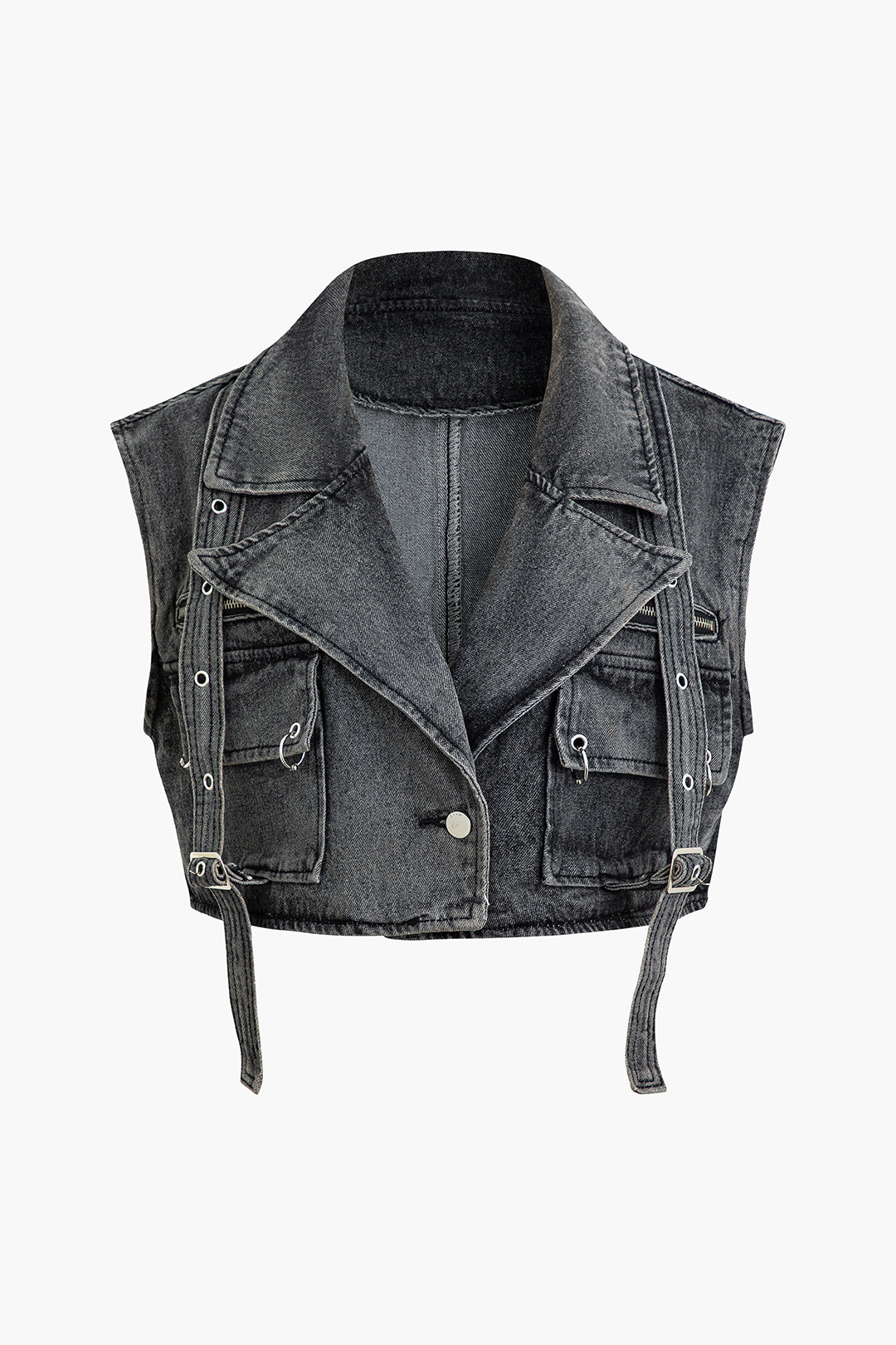 Notched Lapel Denim Vest with Belt and Flap Pockets for Y2K and Grunge Aesthetic Outfits