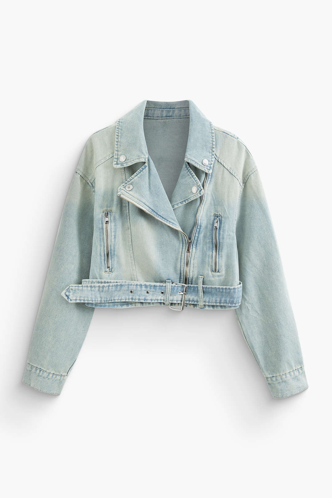 Notched Lapel Y2K Denim Zipper Belted Jacket for Trendy Coquette and Grunge Aesthetics