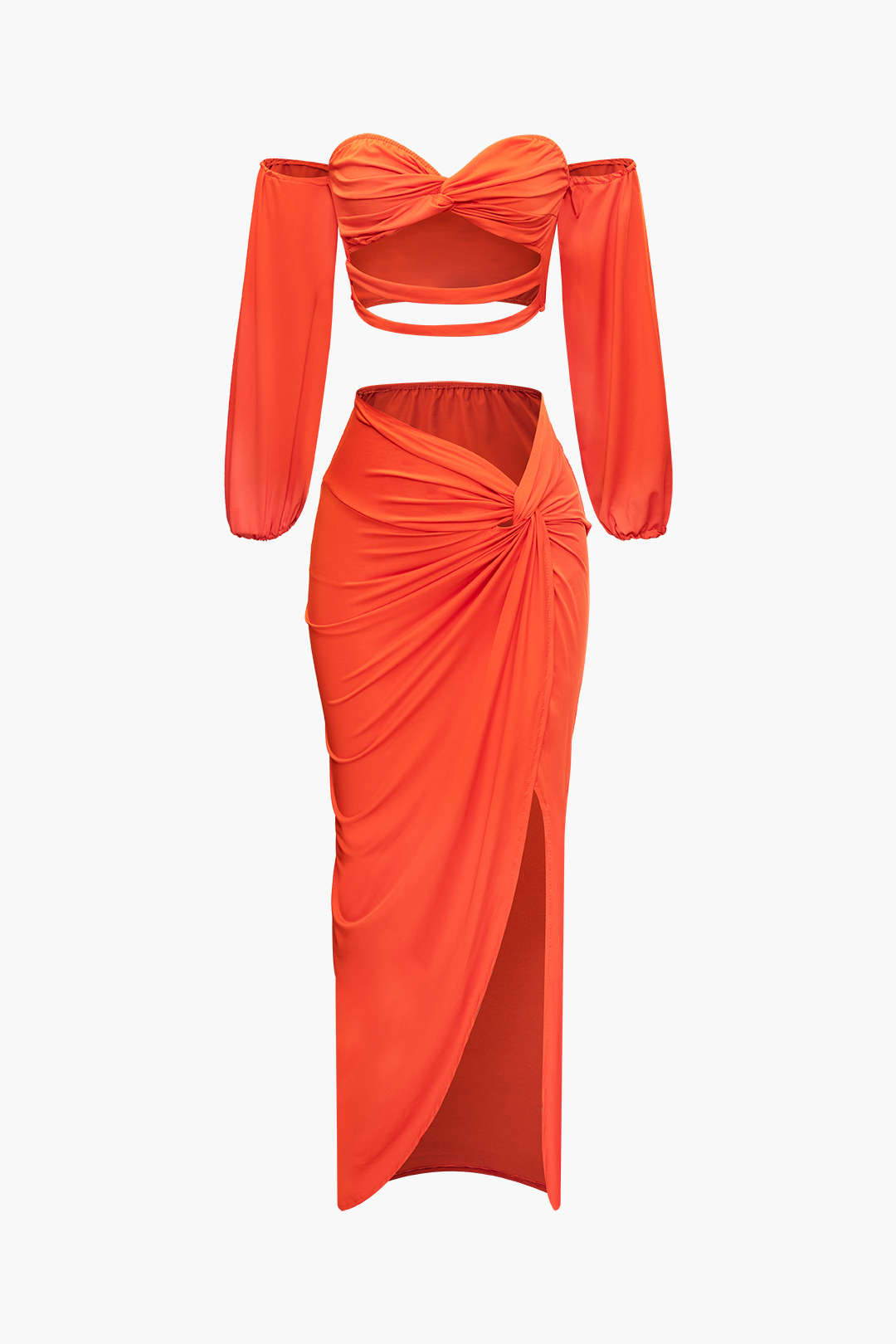 Off-Shoulder Cut-Out Long Sleeve Top & Twist Slit Maxi Skirt Set for Y2K Aesthetic Outfits