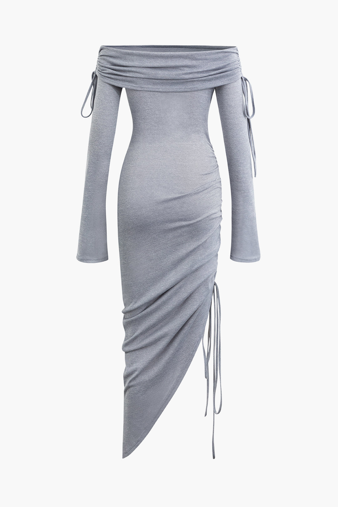 Off-Shoulder Ruched Knit Midi Dress with Asymmetrical Hem and Slit for Y2K Aesthetic