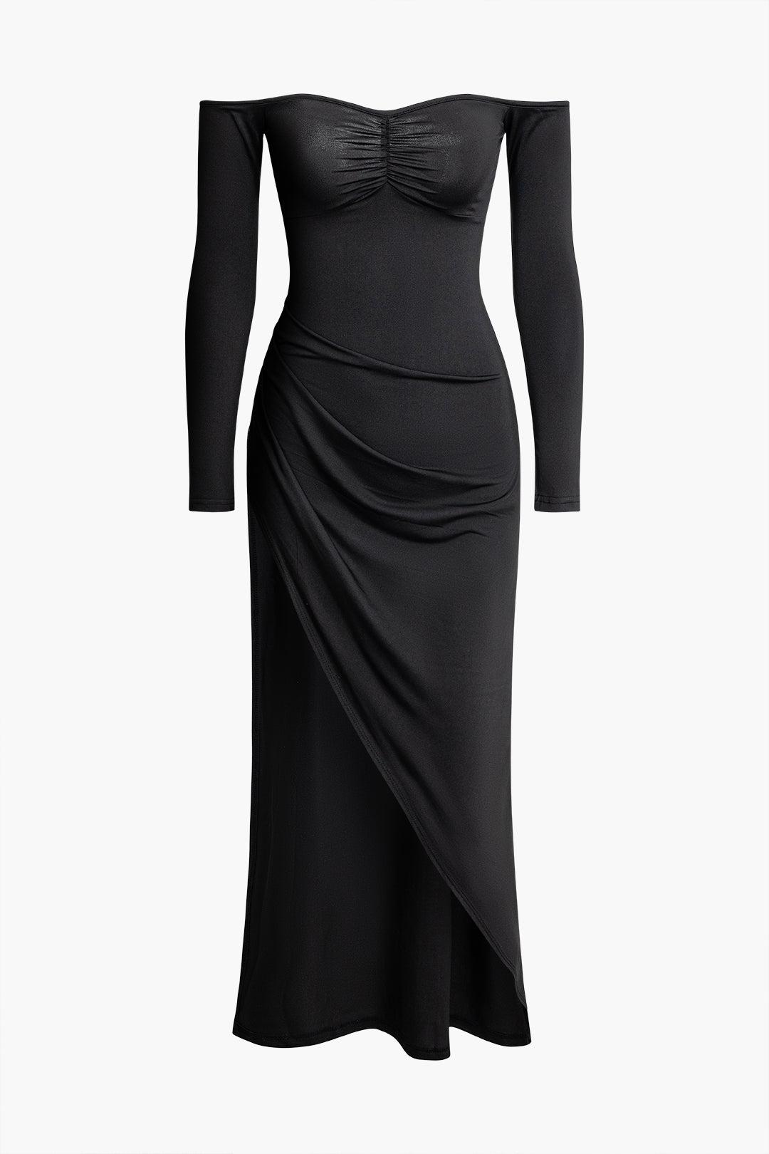 Off Shoulder Ruched Slit Long Sleeve Maxi Dress - Y2K Aesthetic Evening Wear