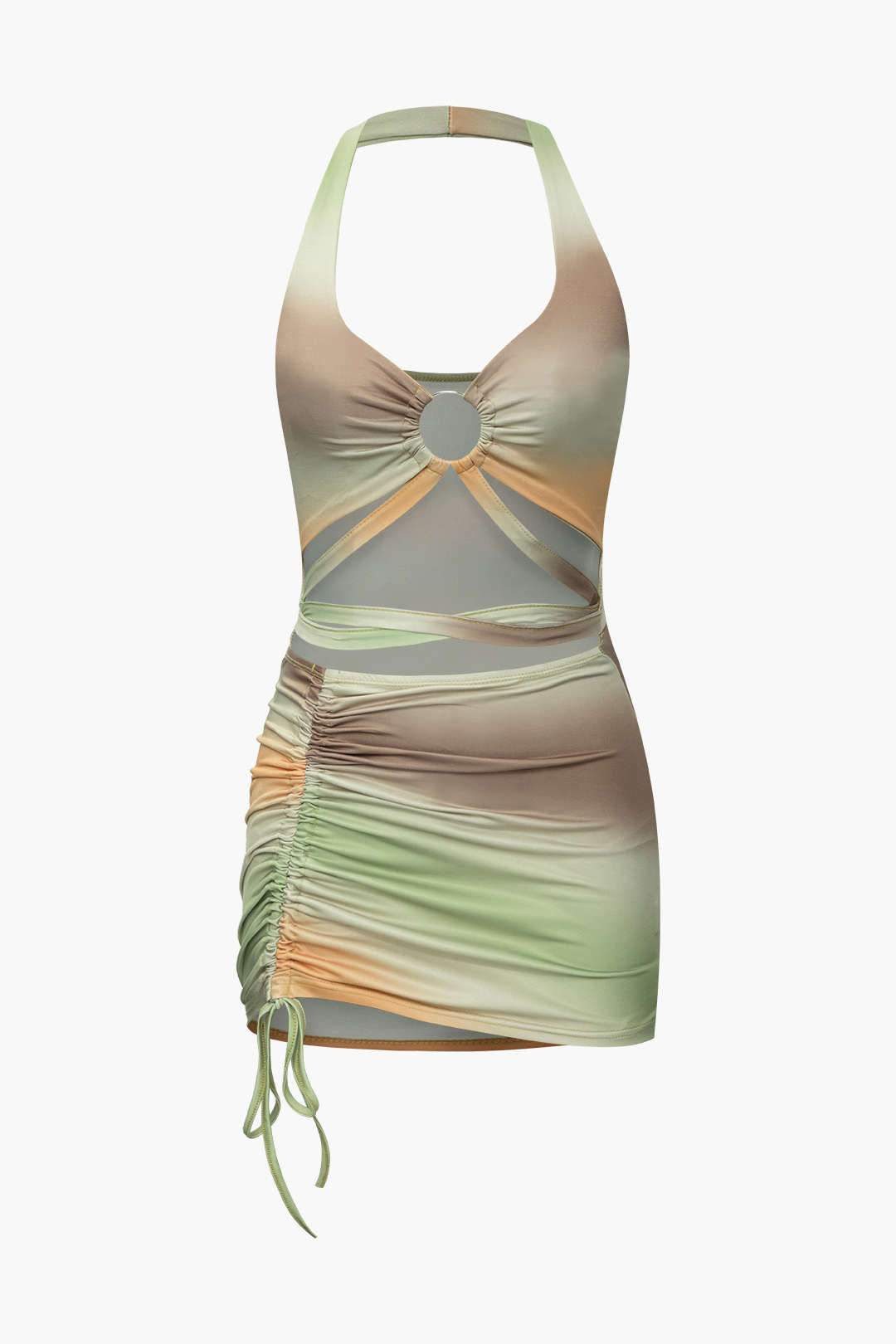 Ombre Ring Halter Cut-Out Ruched Swimsuit for Y2K Aesthetic Beach Vibes