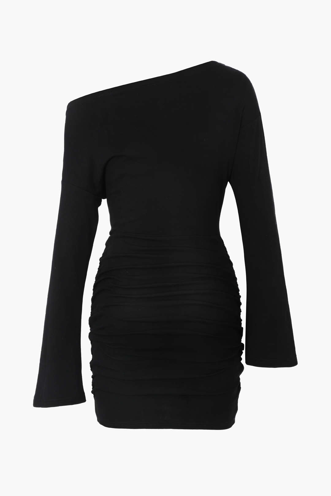 One Shoulder Flared Sleeve Ruched Wrap Mini Dress in Y2K Aesthetic Style