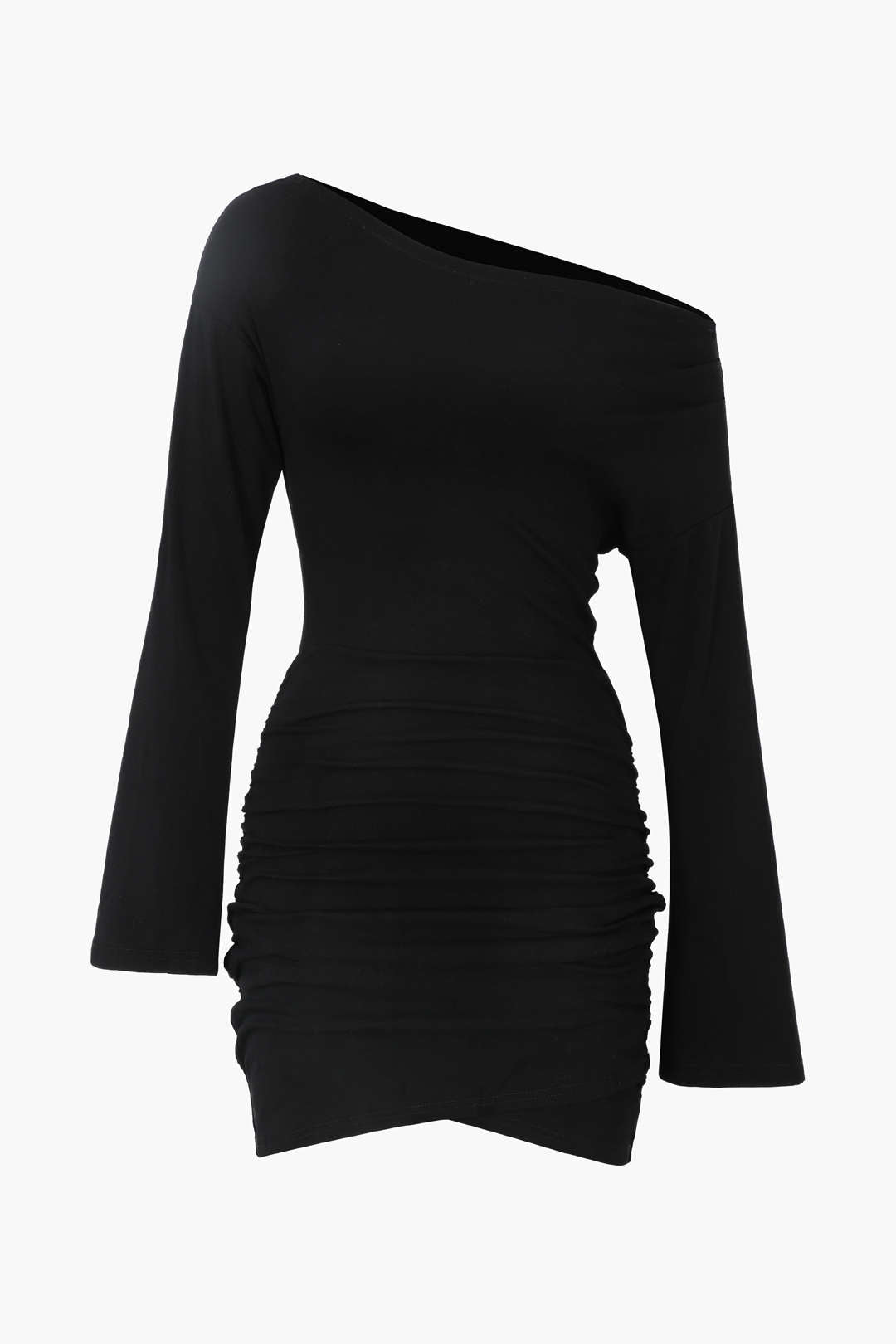 One Shoulder Flared Sleeve Ruched Wrap Mini Dress in Y2K Aesthetic Style