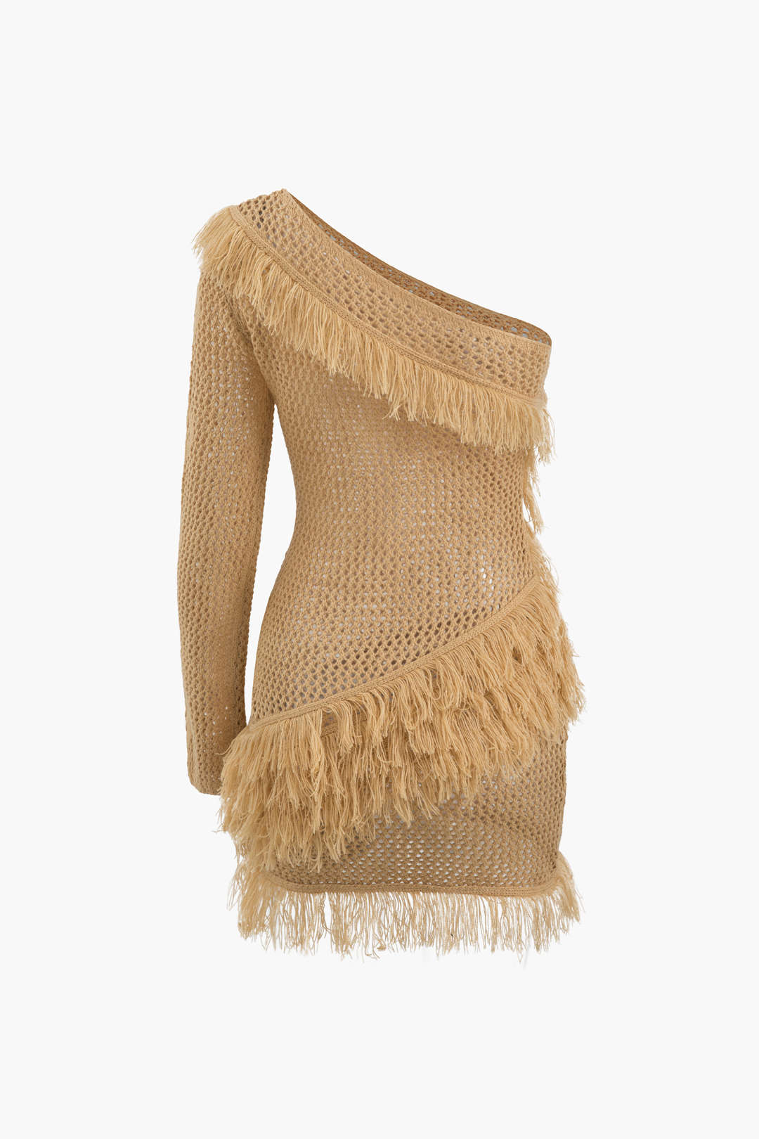 One Shoulder Fringe Knit Dress - Y2K Aesthetic Openwork Style for Trendy Outfits