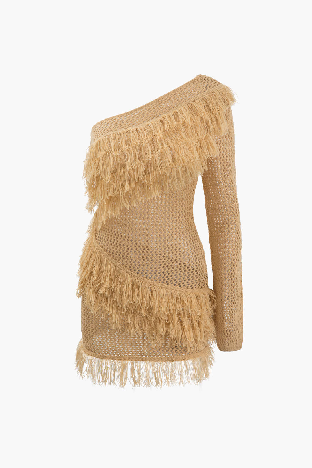 One Shoulder Fringe Knit Dress - Y2K Aesthetic Openwork Style for Trendy Outfits