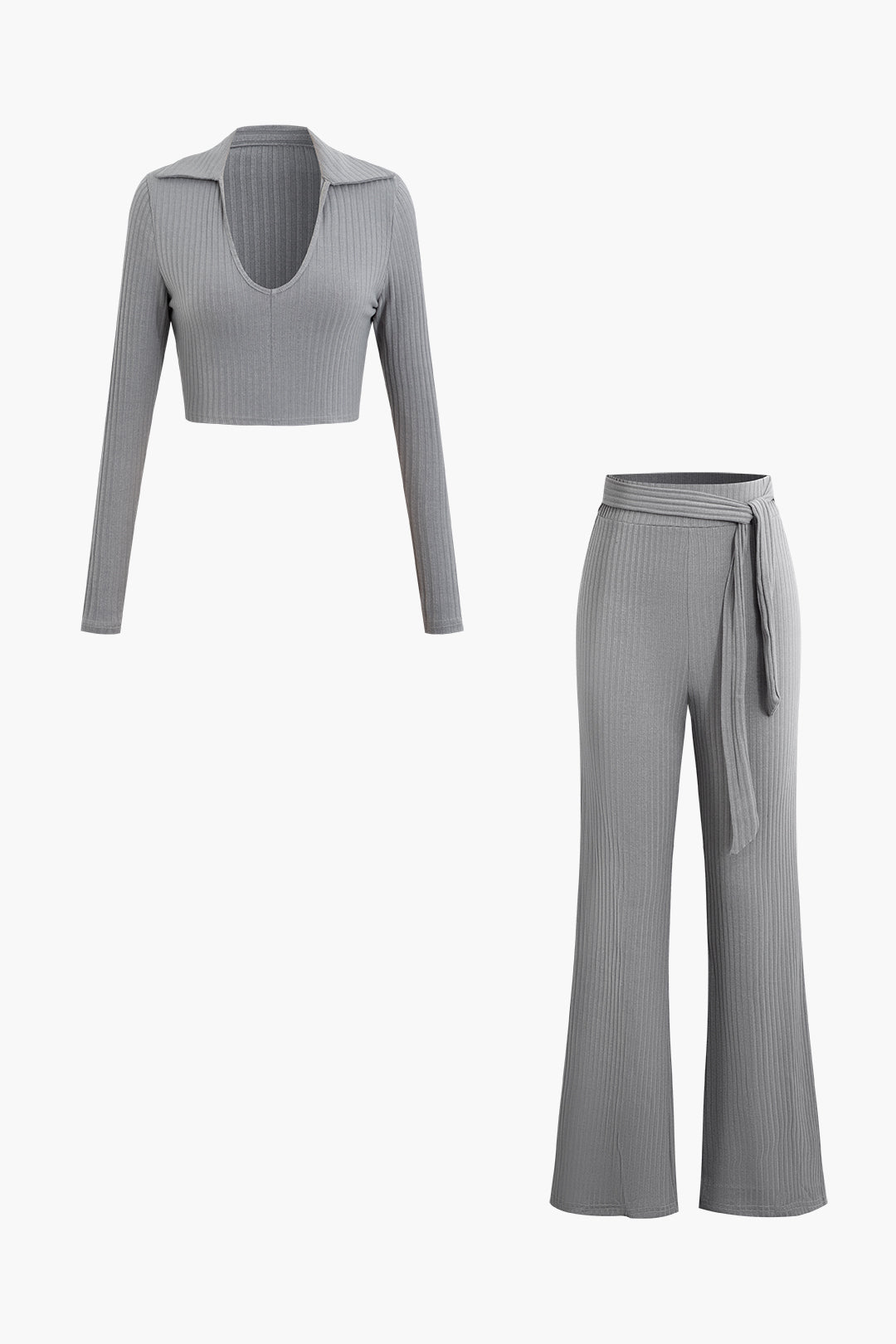 Open Collar Long Sleeve Crop Top with Tie Waist Flare Leg Pants Set - Y2K Aesthetic Outfit